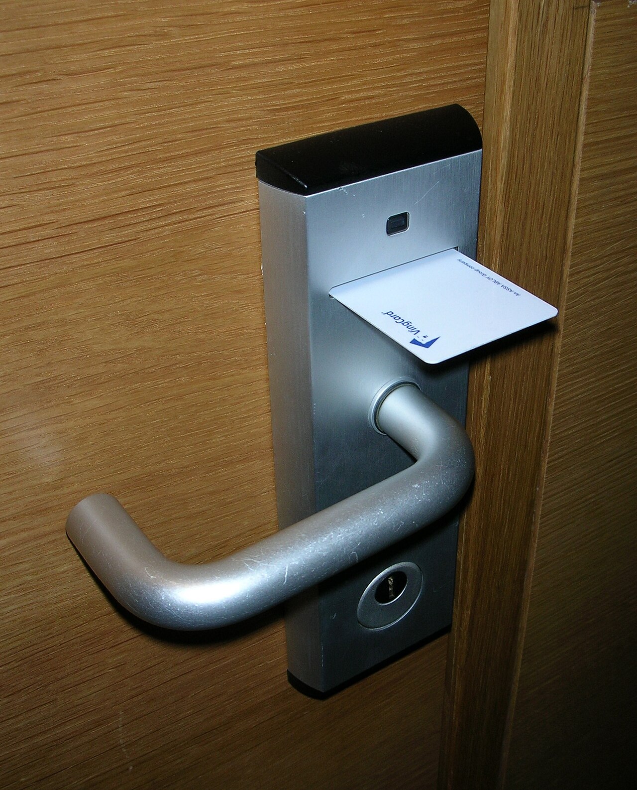 Electronic door lock on a hotel guest room door